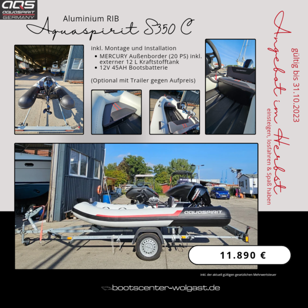 Aquaspirit Germany Aluminium-RIB S350 C mit 20 PS MERCURY Außenborder sofort verfügbar im BootsCenter Wolgast